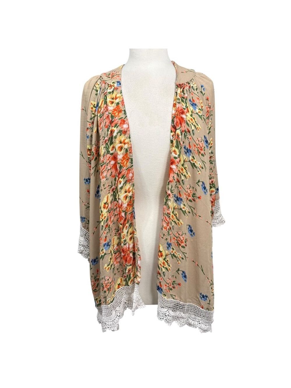 Umgee Floral Open Front Kimono Cardigan Lace Trim Boho Small Medium